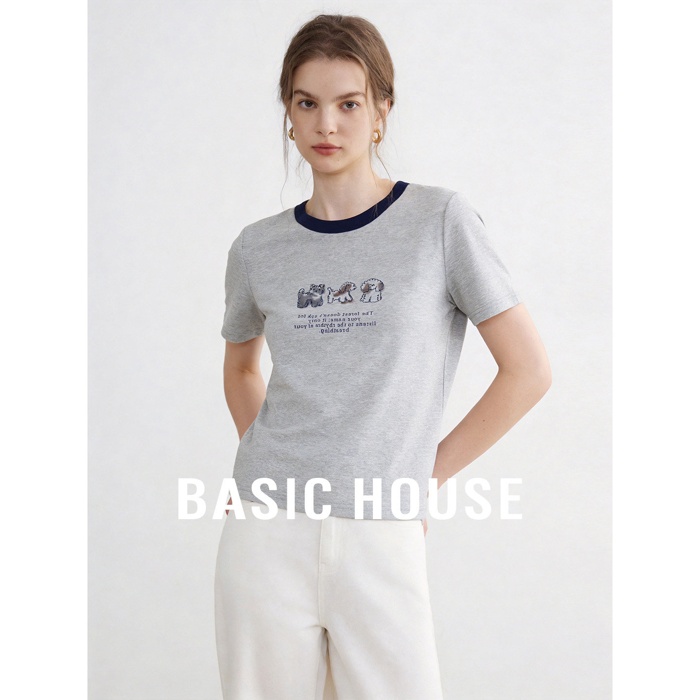 Basic House/百家好舒适百搭经典灰色圆领动物印花减龄短袖T恤女