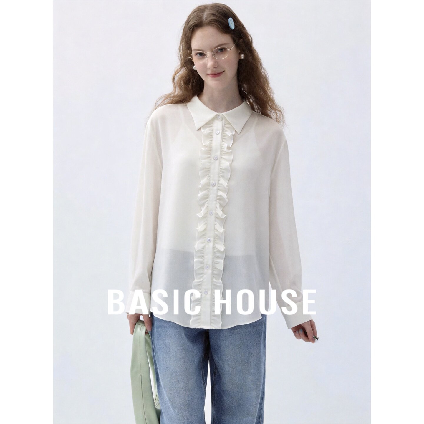 Basic House/百家好法式气质木耳边白色长袖衬衫女高级感显瘦上衣