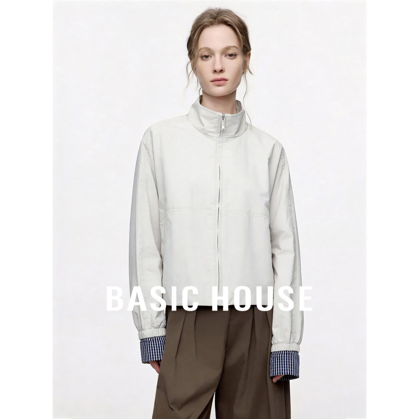 Basic House/百家好休闲风立领短外套女米色格子拼接百搭夹克早秋