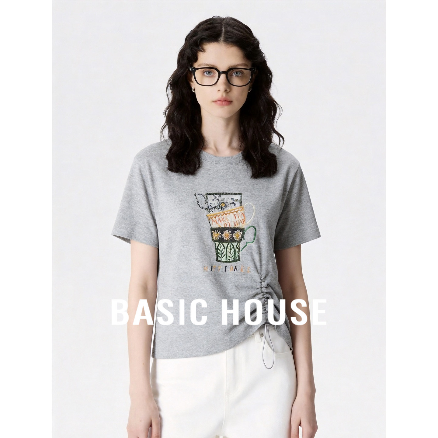 Basic House/百家好夏季新款抽褶设计短袖T恤女2026含棉舒适上衣
