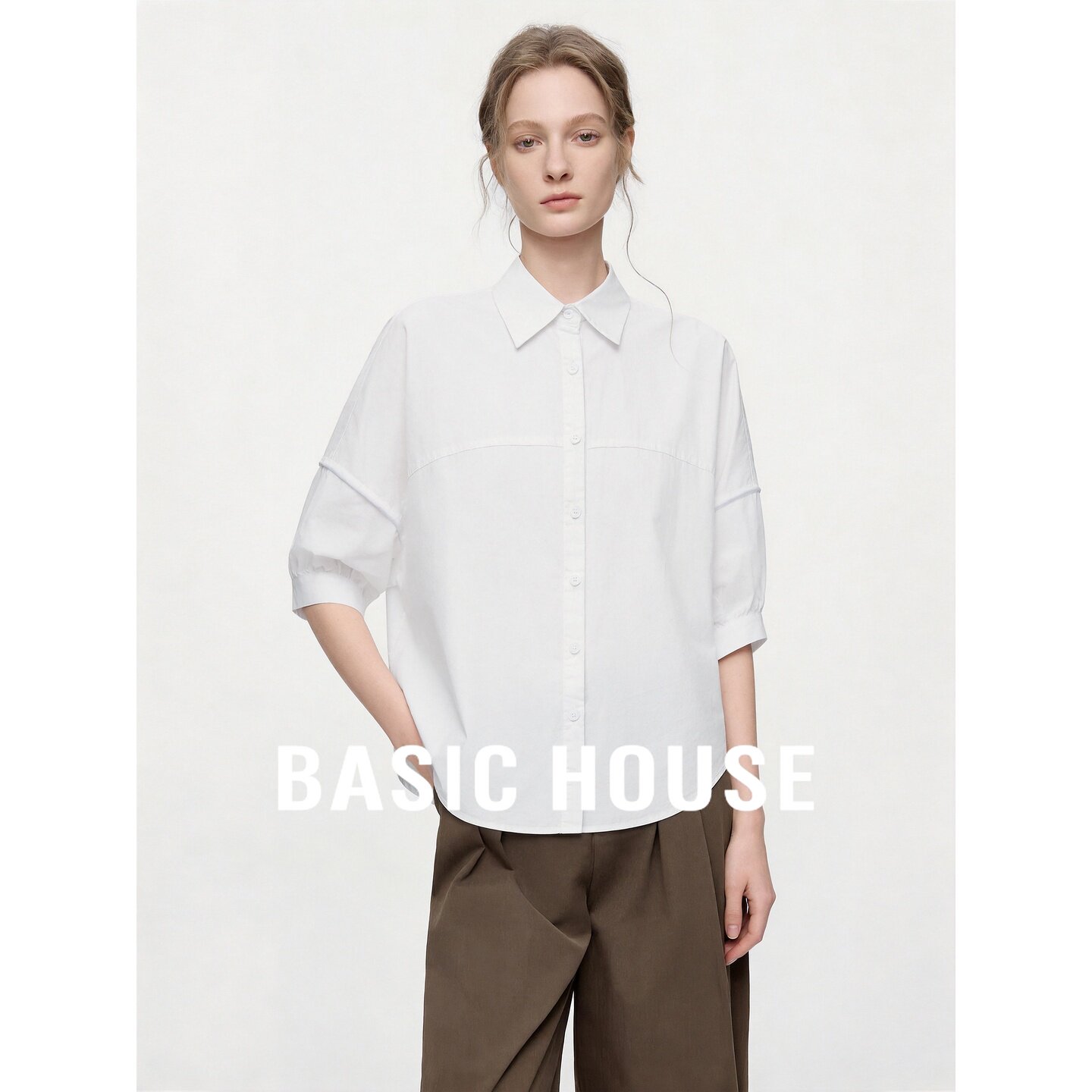Basic House/百家好白色翻领五分袖泡泡袖宽松百搭纯棉衬衫女夏季
