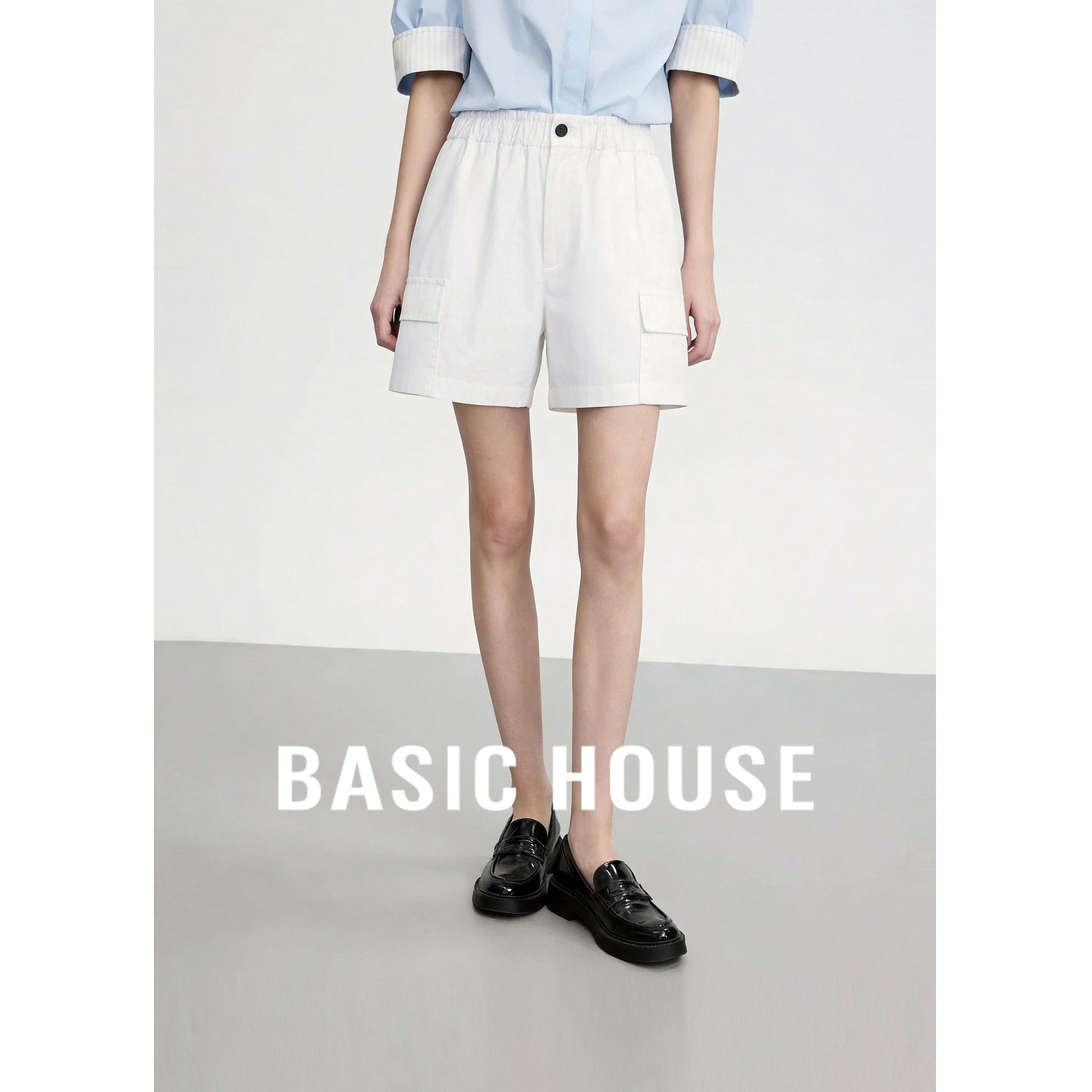 Basic House/百家好工装风白色高腰短裤女夏季纯棉宽松百搭休闲裤