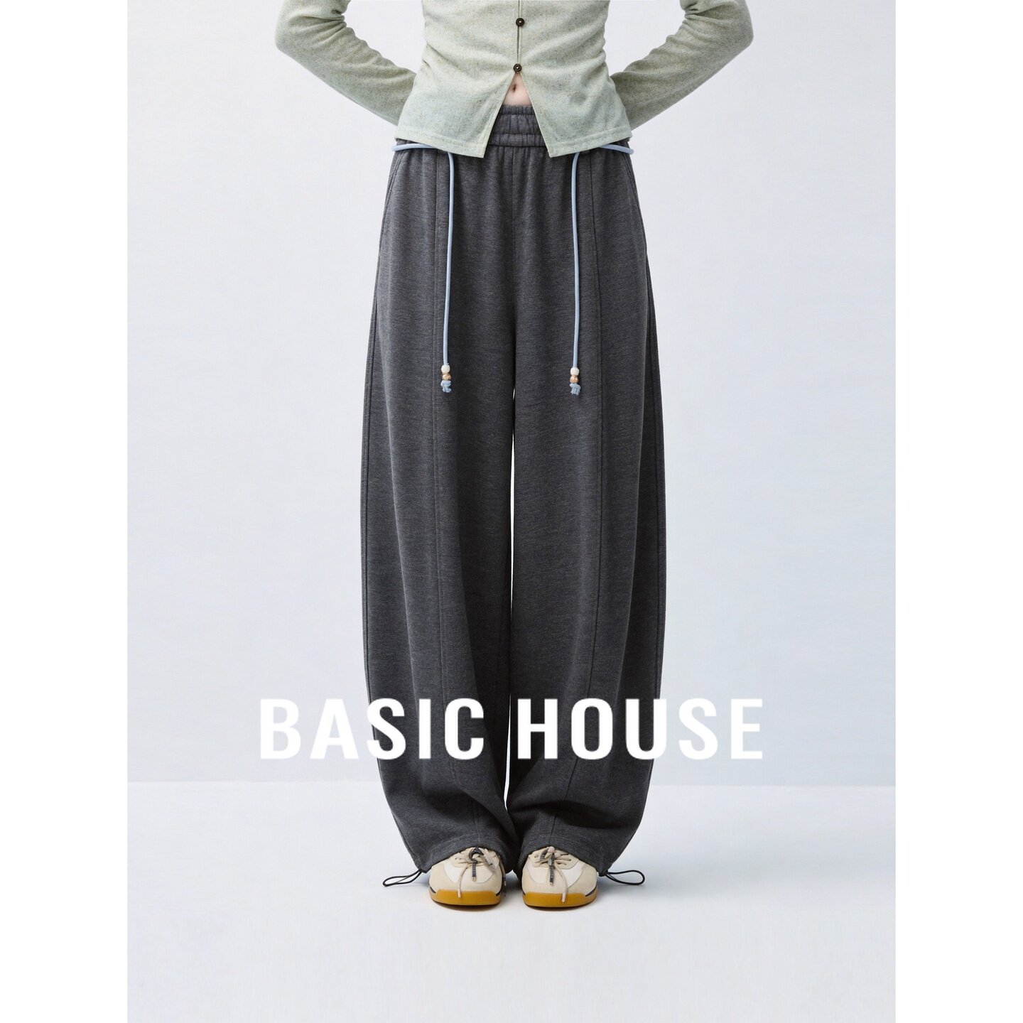 Basic House/百家好设计感蓝色抽绳垂感休闲裤女百搭垂坠感灯笼裤