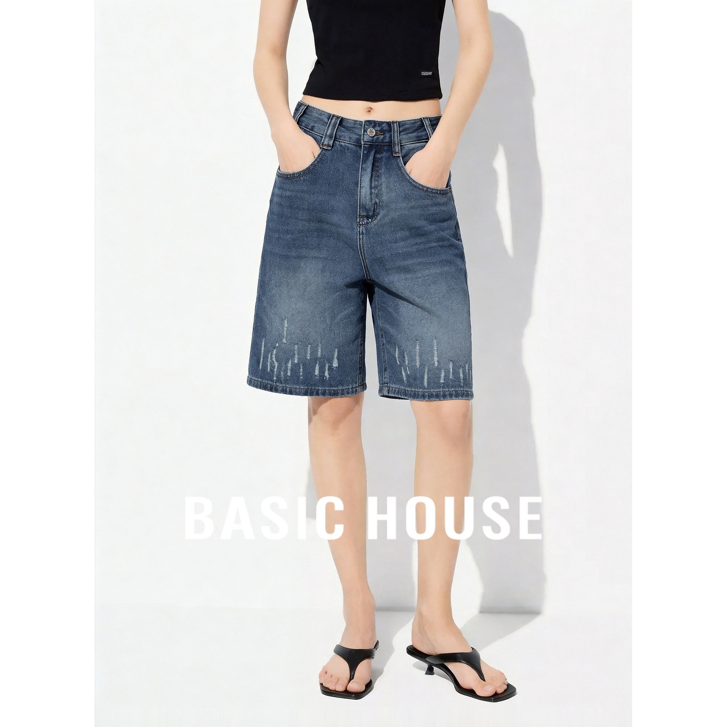 Basic House/百家好复古高腰牛仔短裤女2026夏季宽松直筒五分裤子