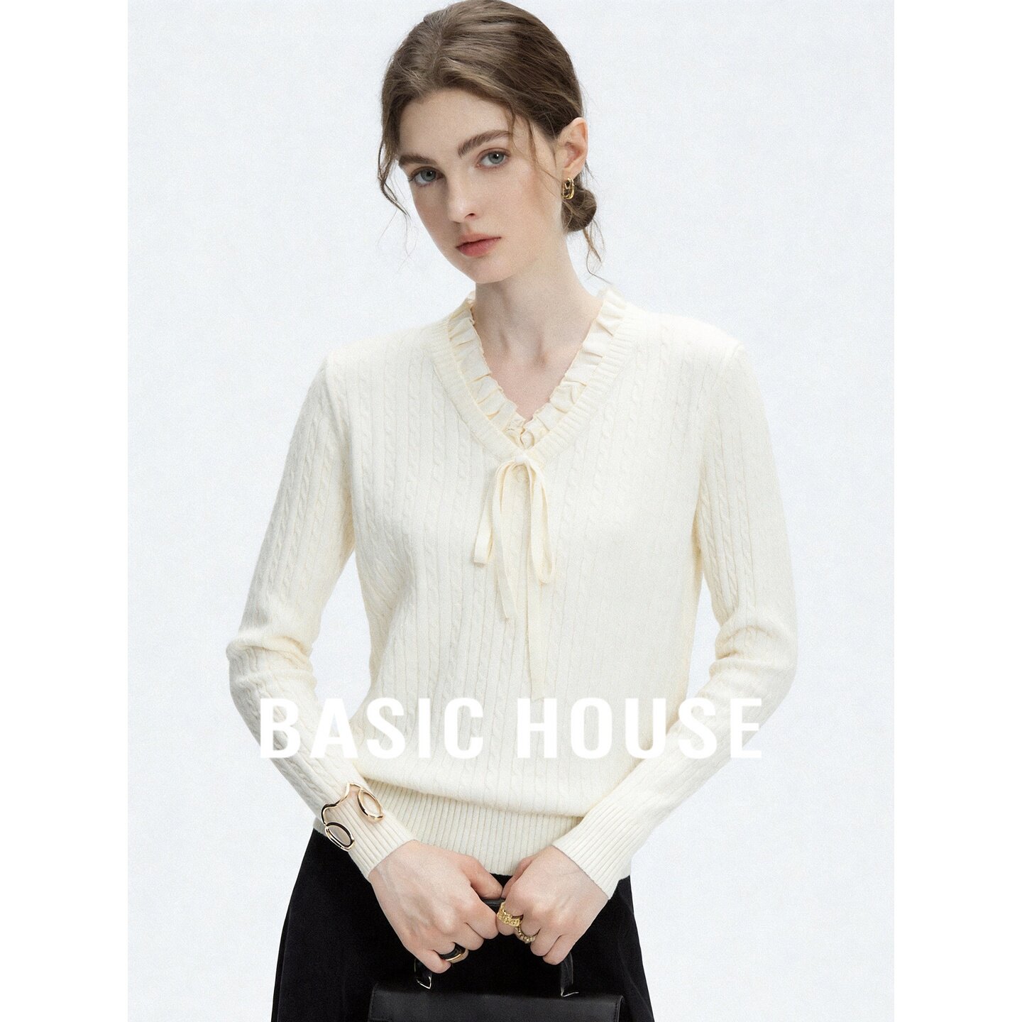 Basic House/百家好2026秋白色荷叶领系带修身长袖温柔薄款针织衫