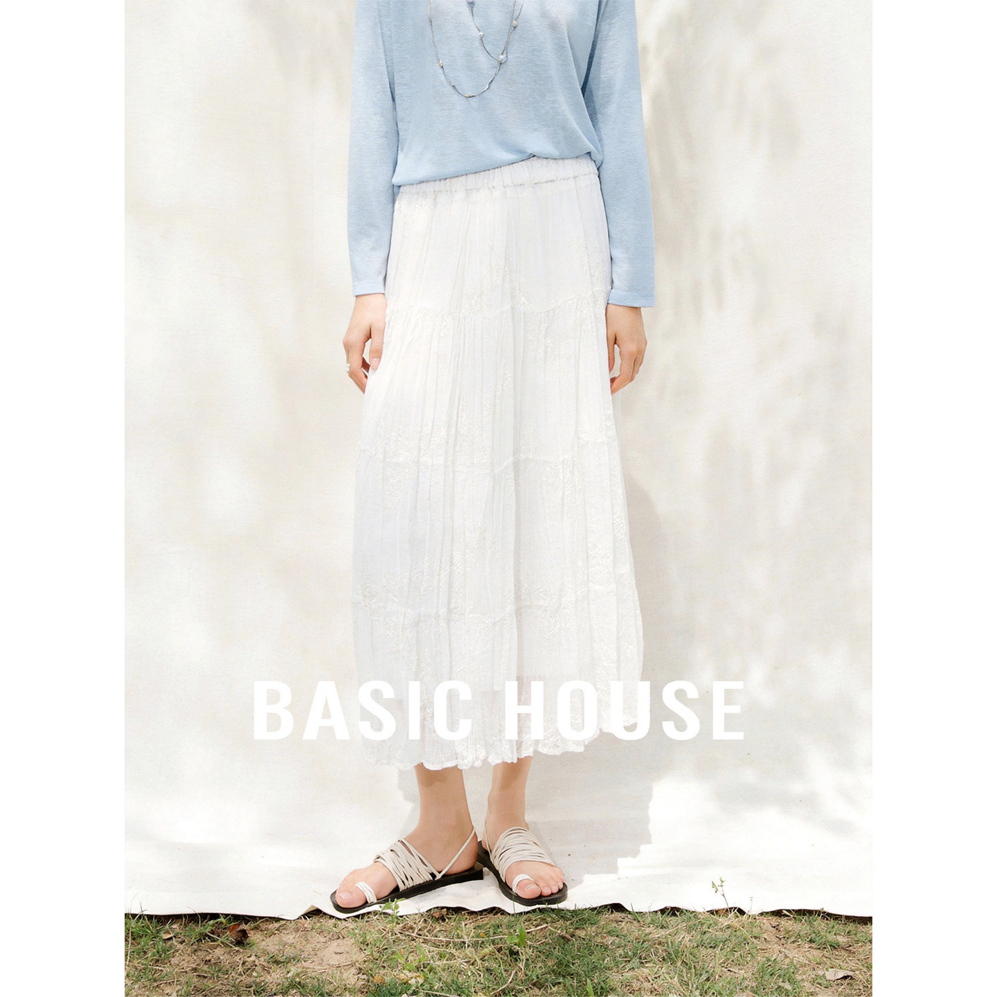 Basic House/百家好纯色网纱拼接长款半身裙2026春季新款A字裙子