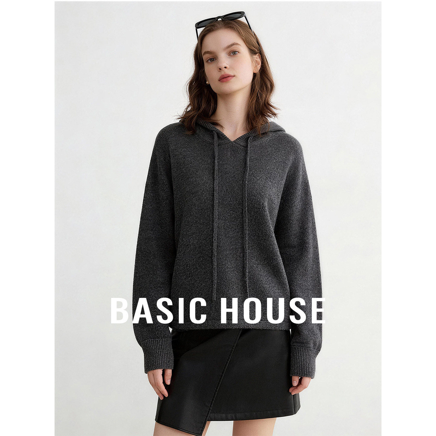 Basic House/百家好灰色连帽基础简约羊毛衫女秋季可内搭外穿上衣