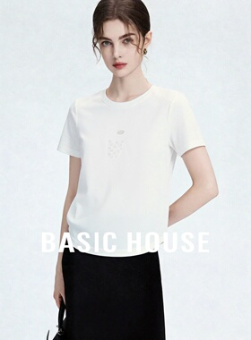 Basic House/百家好白色简约超好看短袖T恤女夏舒适透气套头上衣