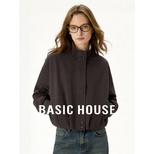Basic House/百家好咖色格纹立领短款外套女春季宽松休闲百搭上衣