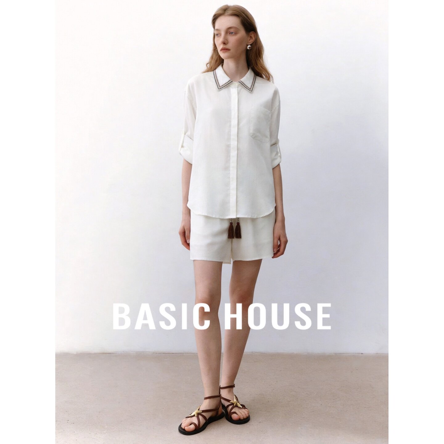 Basic House/百家好米白色莱赛尔亚麻衬衫短裤套装夏季新款两件套