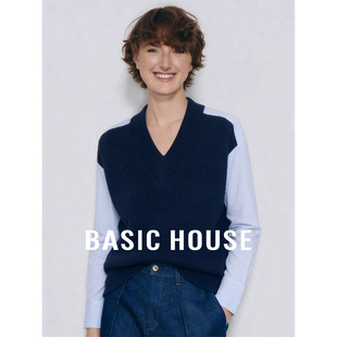 条纹袖 Basic 女春装 百家好假两件针织拼接衬衫 宽松显瘦上衣 House