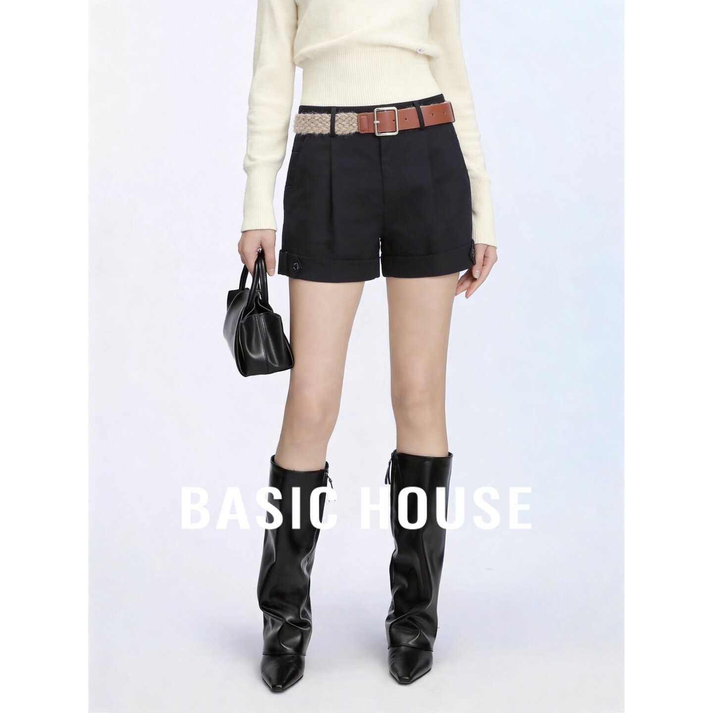 Basic House/百家好工装藏青色短裤高腰打褶配腰带显瘦通勤女夏季