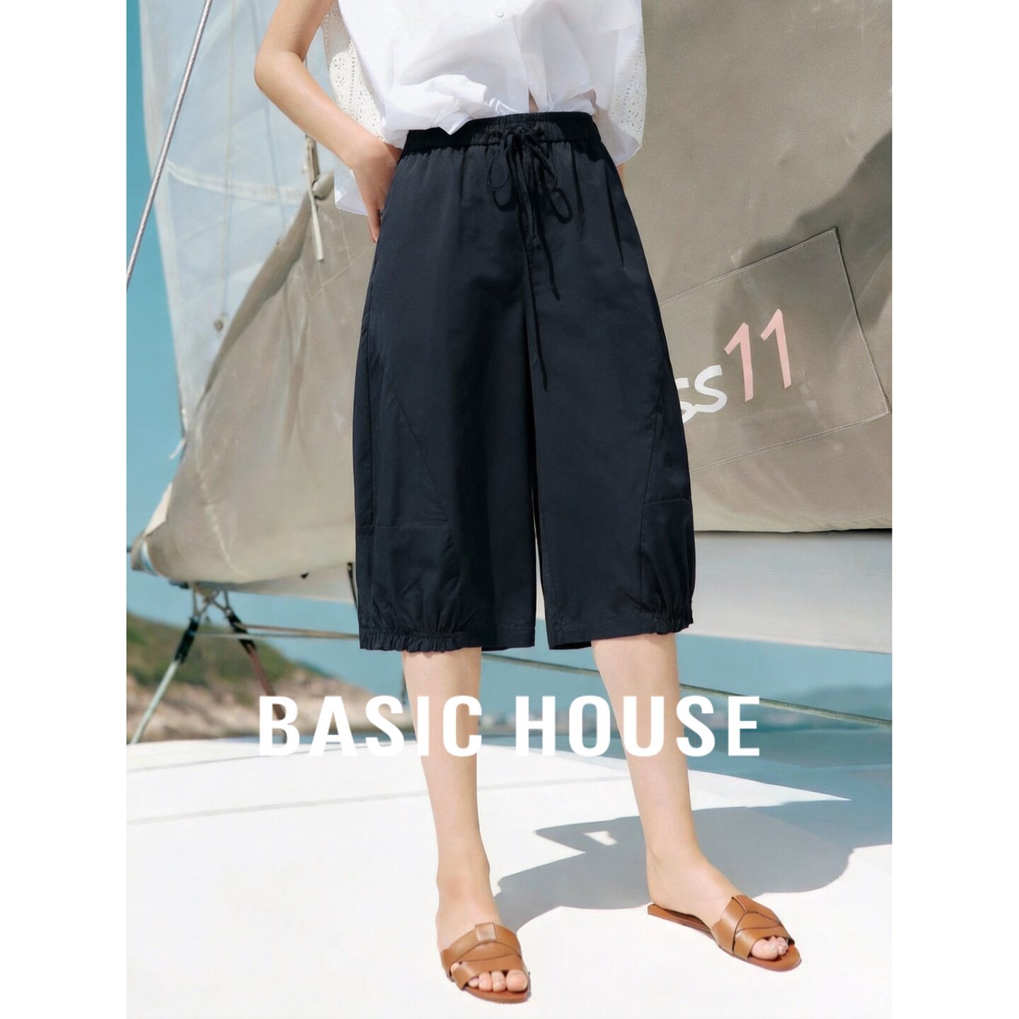 Basic House/百家好日系工装风花苞裤女宽松百搭藏蓝色抽绳七分裤