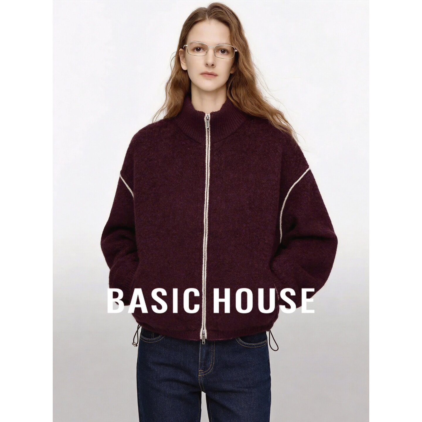 Basic House/百家好羊毛双拉链针织开衫女秋冬立领毛衣外套百搭