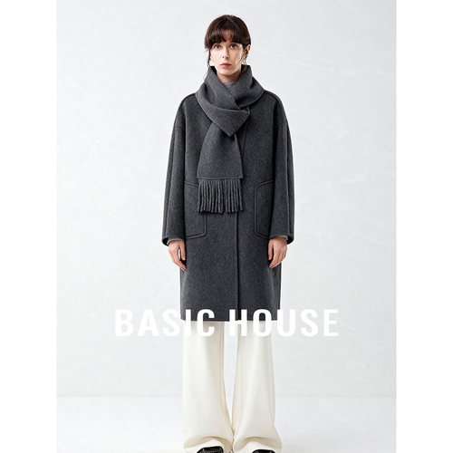 Basic House/百家好冬圆领带围巾简约双面呢大衣女保暖中长款外套