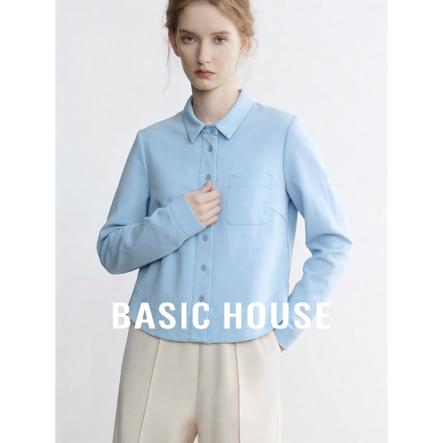 Basic House/百家好2026秋季蓝色翻领口袋宽松长袖简约女新款衬衫