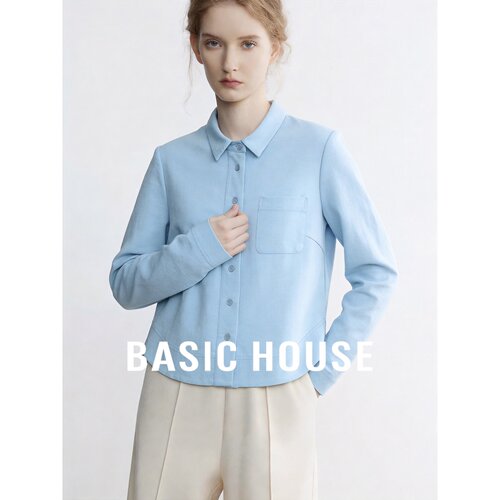 Basic House/百家好2026秋季蓝色翻领口袋宽松长袖简约女新款衬衫