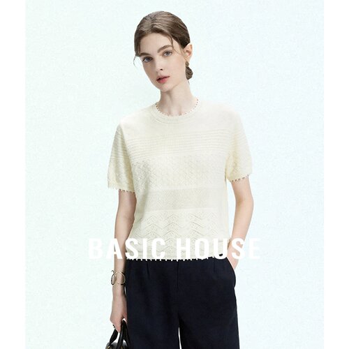 Basic House/百家好白色镂空短袖针织衫女夏季莱赛尔薄款显瘦上衣