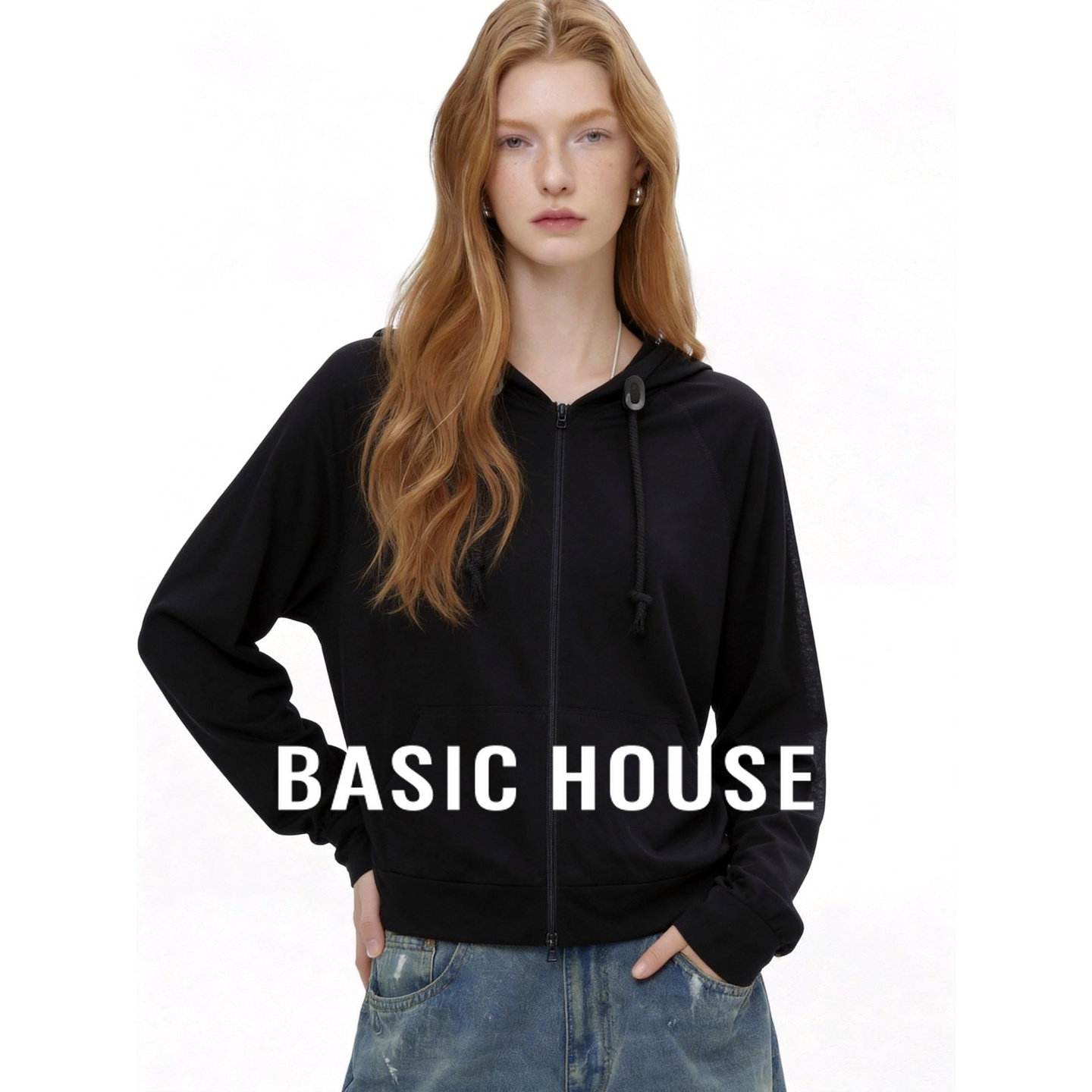 Basic House/百家好黑色连帽拉链卫衣女宽松休闲百搭上衣原宿风