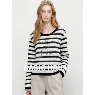 女夏季 Basic 条纹字母刺绣针织衫 百家好韩版 百搭套头上衣 House