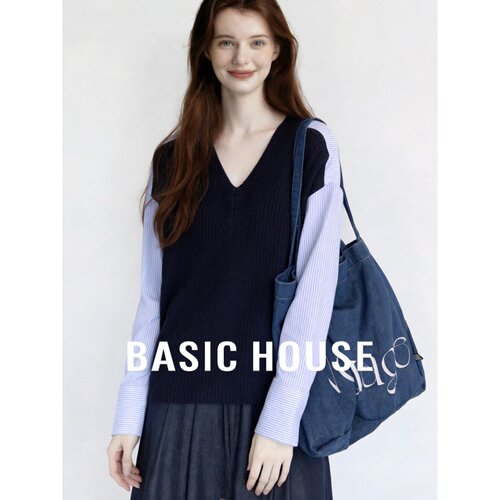 Basic House/百家好撞色拼接假两件羊毛衬衫女藏青色宽松上衣秋季