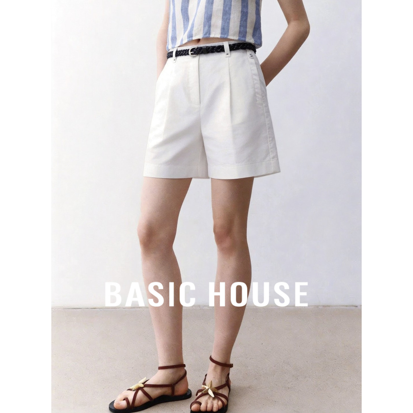Basic House/百家好白色高腰简约短裤女夏季莱赛尔舒适显瘦休闲裤