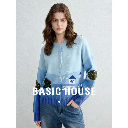 Basic House/百家好蓝色针织开衫外套女圆领流行好看宽松开衫上衣