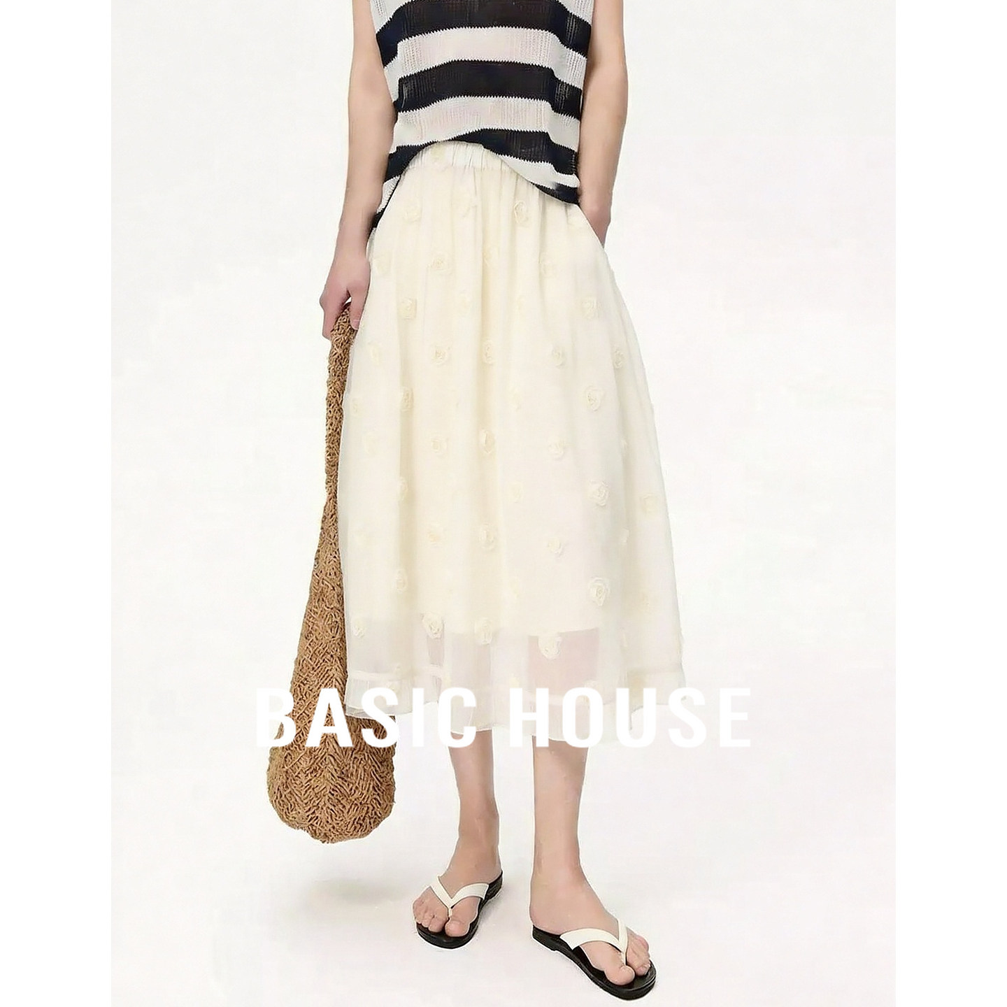 Basic House/百家好立体花朵抽褶A型裙摆型温柔A字半身长裙女夏季
