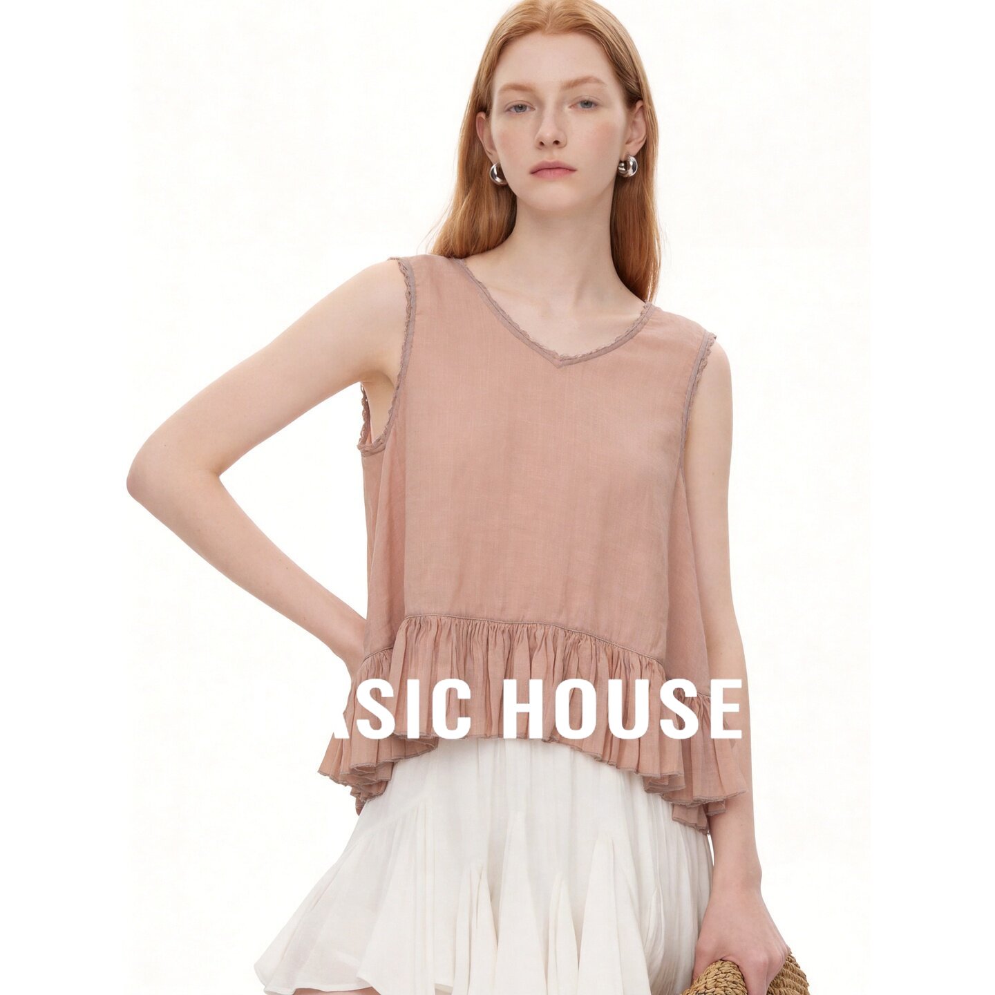 Basic House/百家好文艺风无袖衬衫女夏季荷叶边流苏V领苎麻上衣
