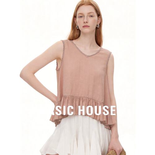 Basic House/百家好文艺风无袖衬衫女夏季荷叶边流苏V领苎麻上衣