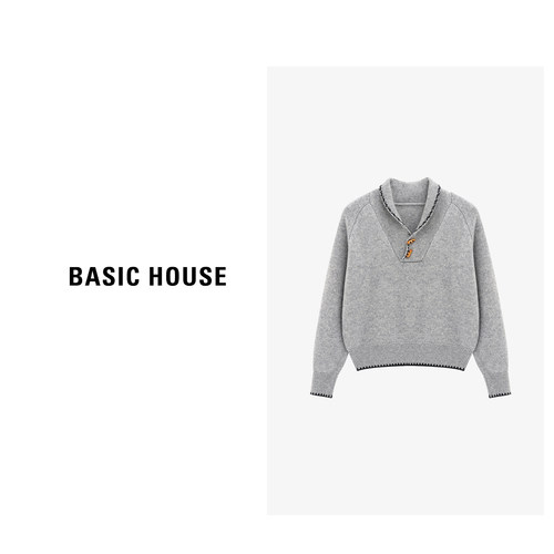 Basic House/百家好翻领纯色宽松羊毛衫女秋冬新款保暖百搭上衣