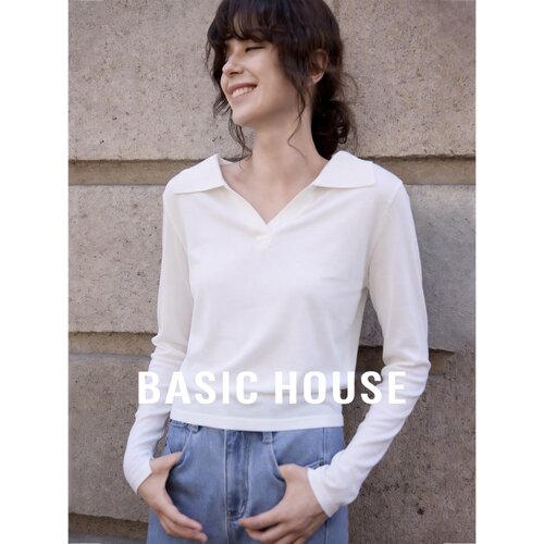 Basic House/百家好简约风莱赛尔白色V领针织衫女通勤POLO领上衣