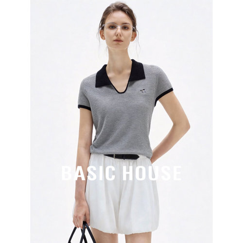 Basic House/百家好莱赛尔翻领撞色短袖针织衫女夏短款上衣薄款