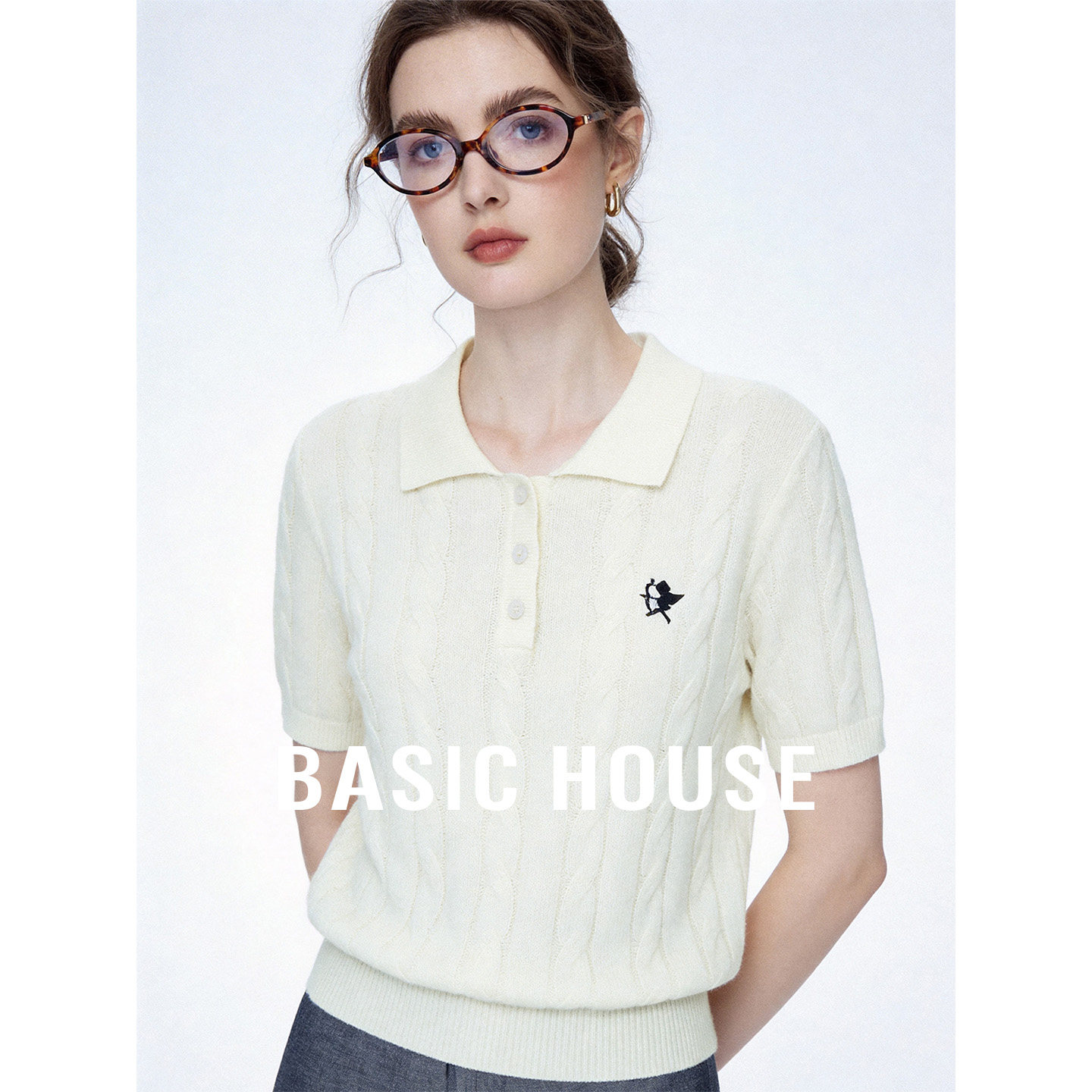 Basic House/百家好polo领刺绣短袖针织衫莱赛尔亚麻绞花短款上衣