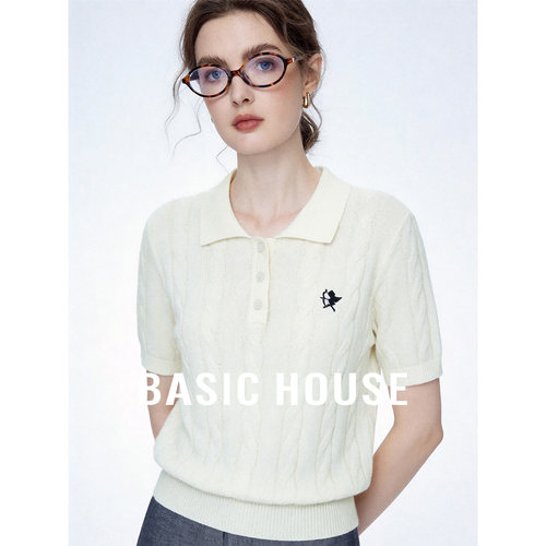 Basic House/百家好polo领刺绣短袖针织衫莱赛尔亚麻绞花短款上衣
