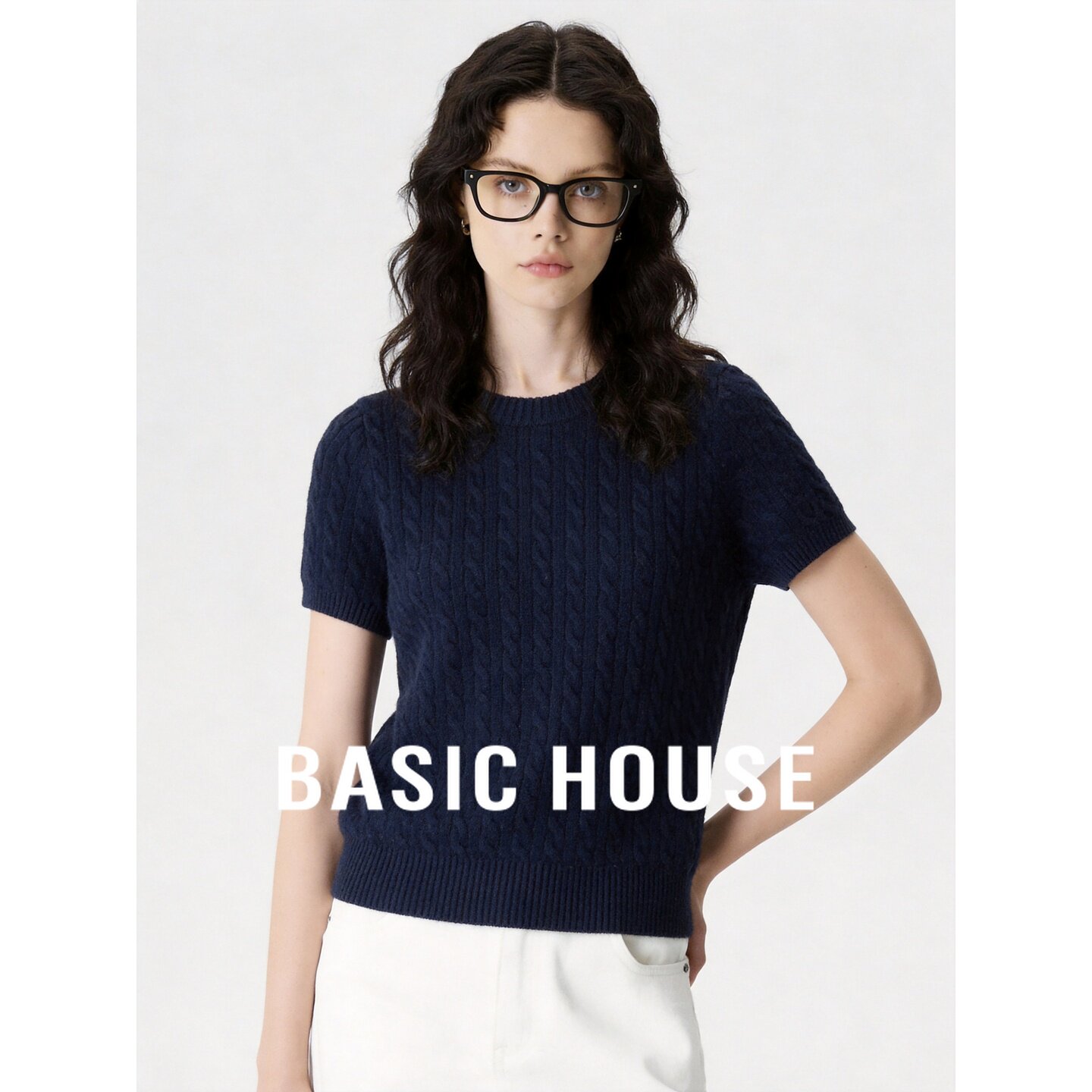Basic House/百家好藏青麻花针织短袖上衣修身圆领套头女简约百搭