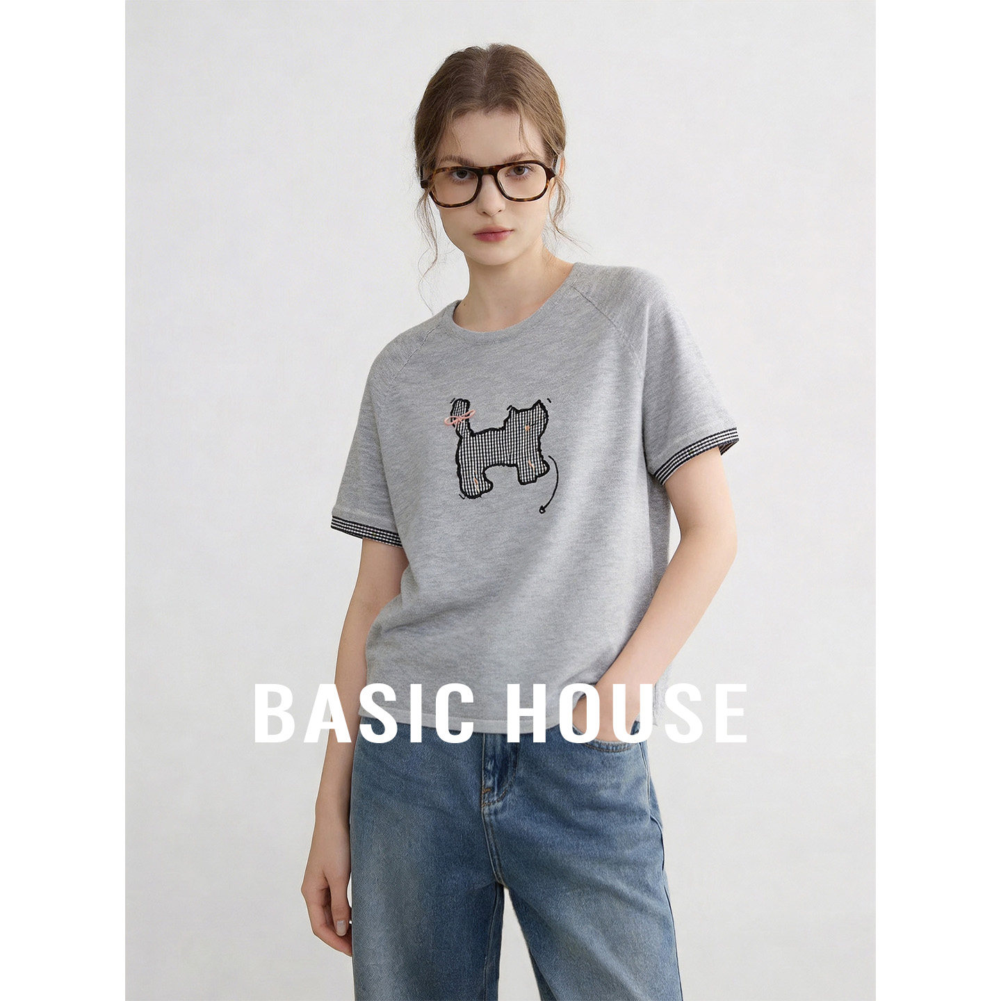 Basic House/百家好小猫刺绣格子拼接短袖针织衫夏季新款圆领上衣