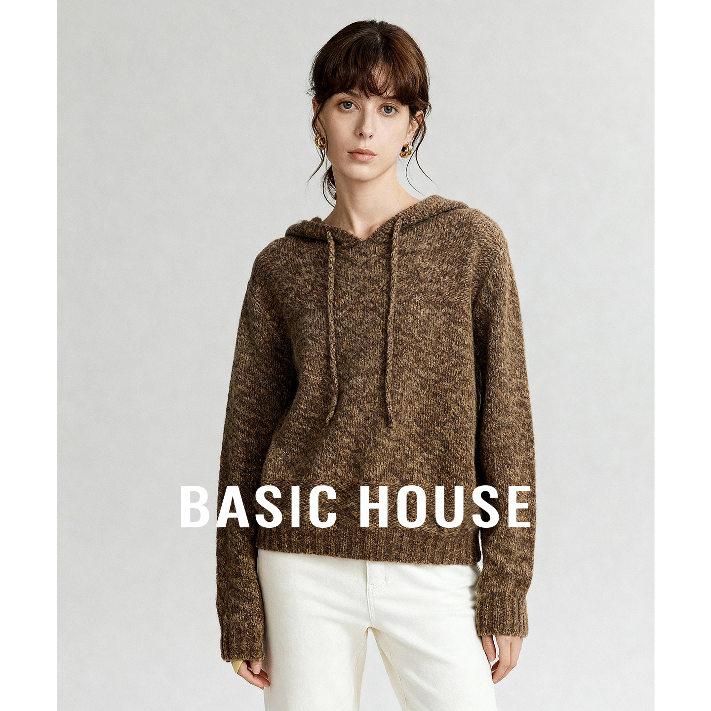 Basic House/百家好25连帽抽绳纯色绵羊毛毛衣女秋冬保暖百搭上衣