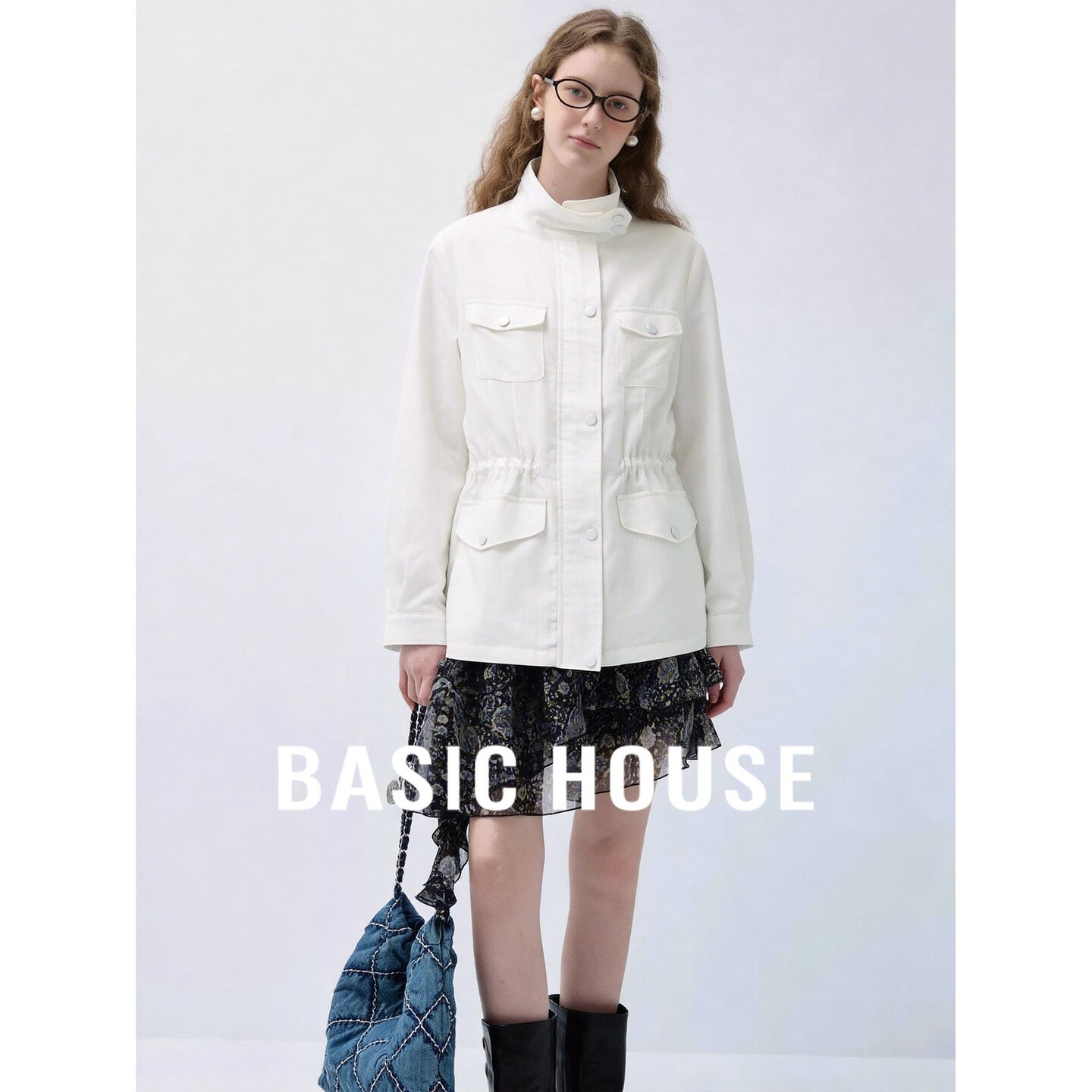 Basic House/百家好莱赛尔亚麻立领白色收腰多口袋工装风短外套女