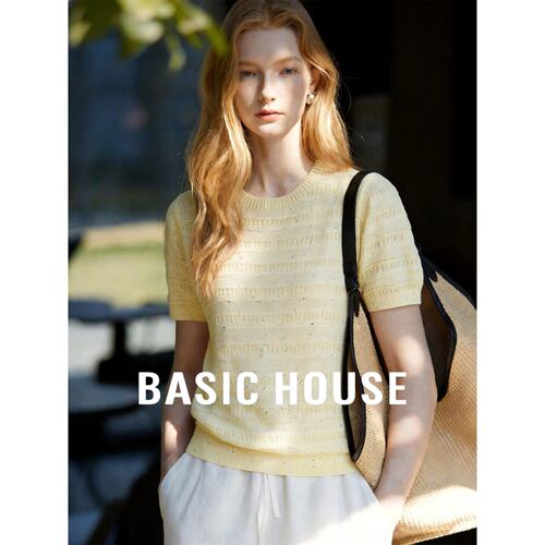 Basic House/百家好莱赛尔圆领短袖针织衫女夏季透气上衣薄款百搭