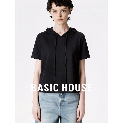 Basic House/百家好黑色连帽抽绳短袖T恤女简约显瘦百搭纯色上衣