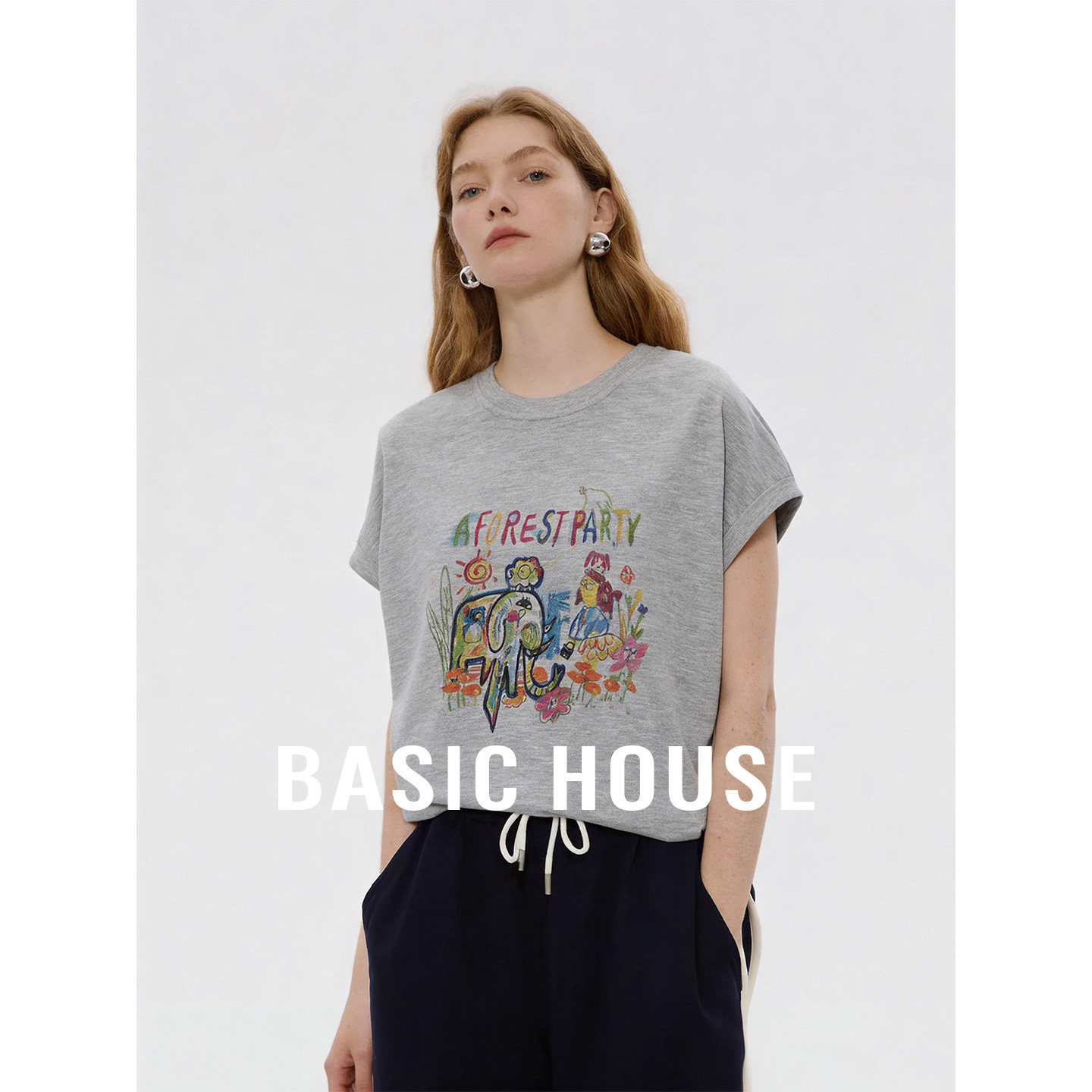 Basic House/百家好撞色图案印花短袖针织衫夏季新款圆领套头上衣