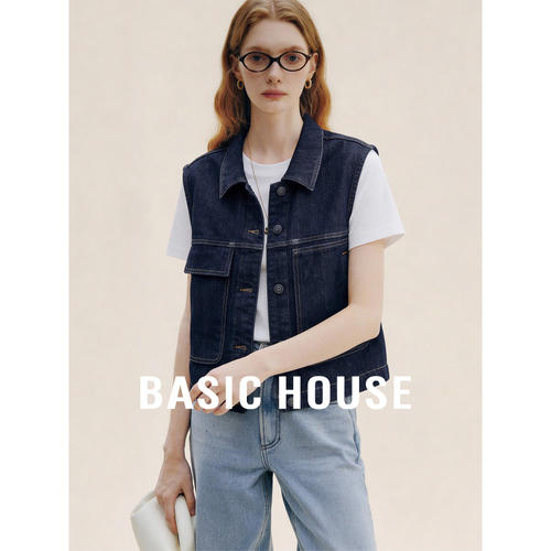 BasicHouse百家好复古翻领牛仔马甲女款2026新款宽松外搭时髦洋气
