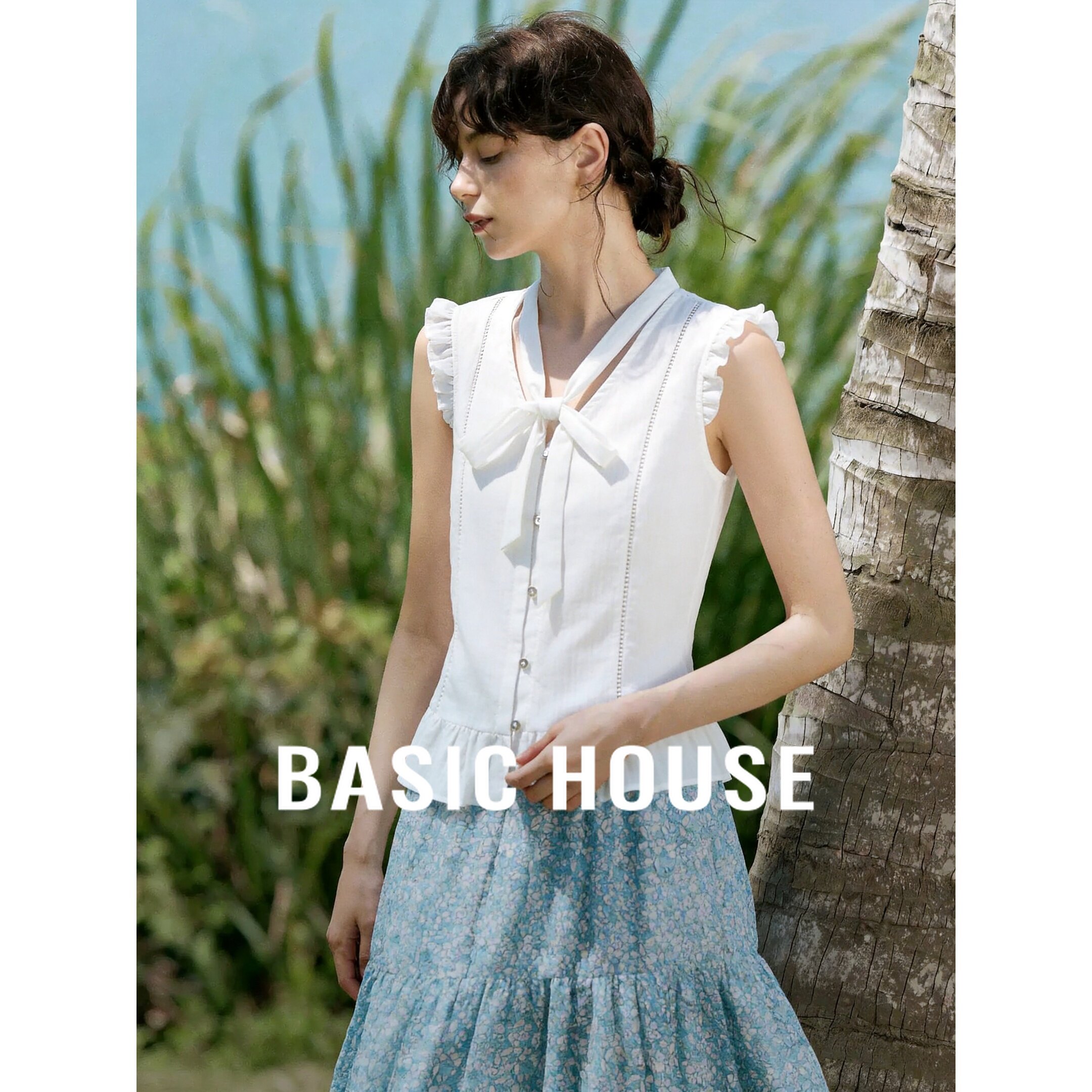 Basic House/百家好休闲白色蝴蝶结无袖衬衫女荷叶边修身显瘦上衣