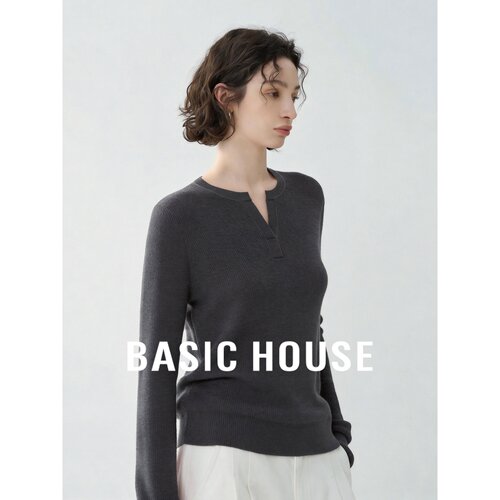Basic House/百家好极简灰色绵羊毛长袖针织衫女百搭显瘦亲肤修身
