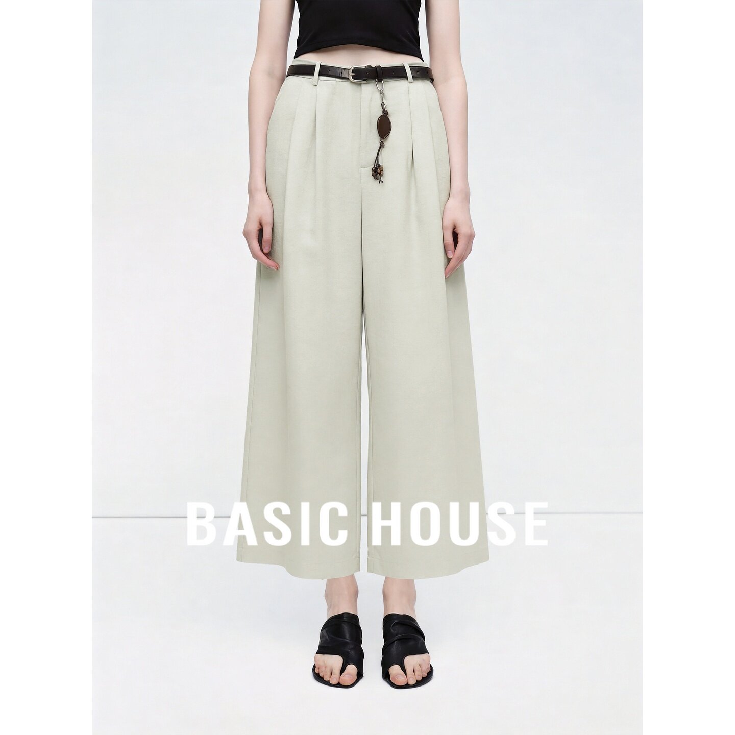 Basic House/百家好莱赛尔卡其色高腰系带垂感直筒宽松阔腿休闲裤