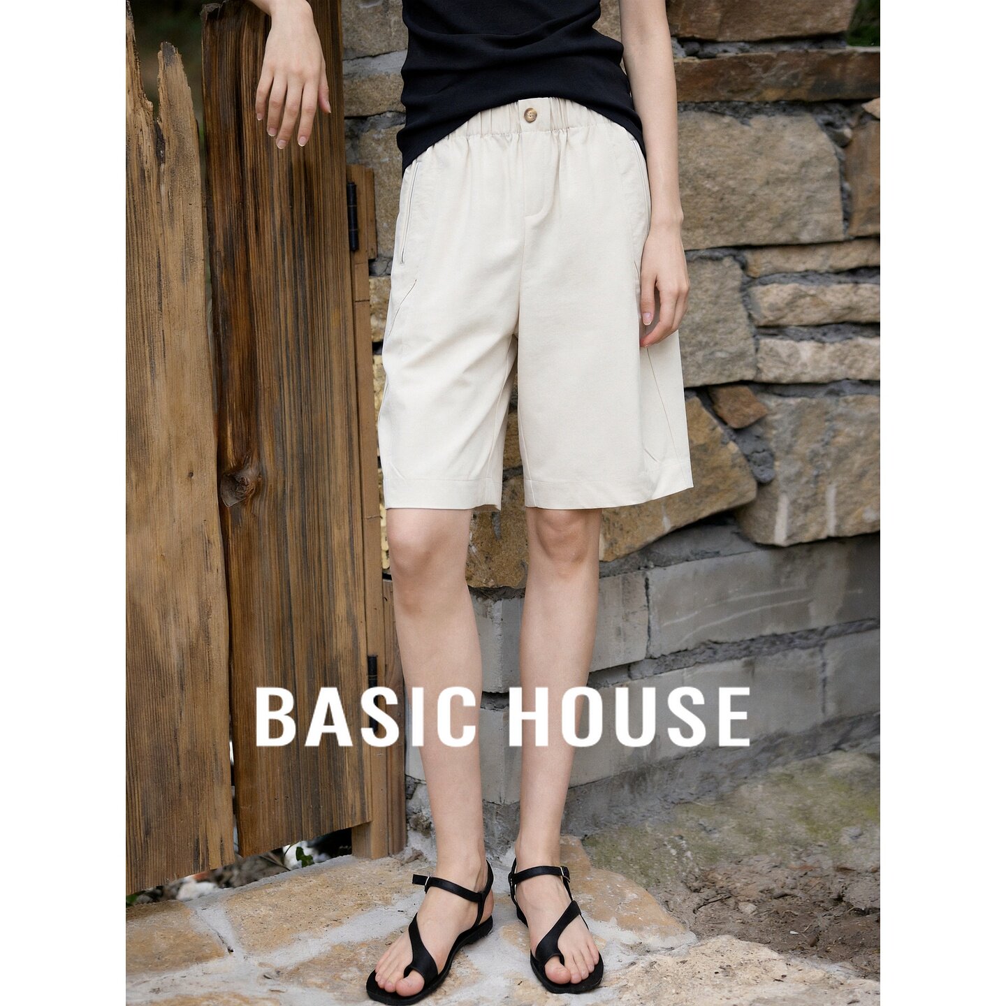 Basic House/百家好卡其色高腰简约直筒七分裤女百搭透气休闲裤