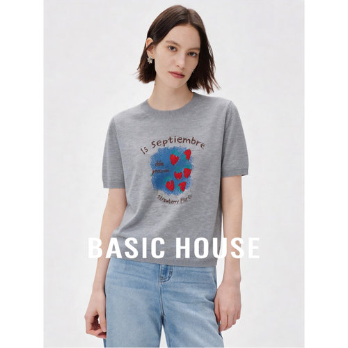 Basic House/百家好休闲圆领短袖针织衫女2026夏短款轻薄舒适上衣