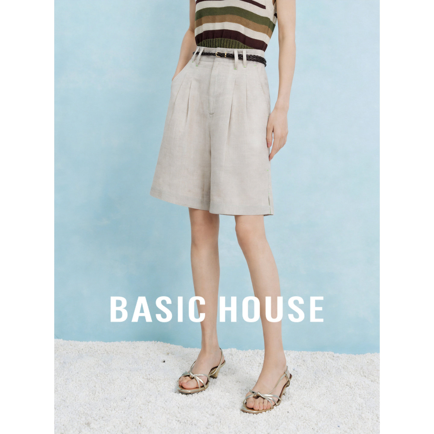 Basic House/百家好原麻色亚麻短裤女舒适百搭气质通勤简约休闲裤