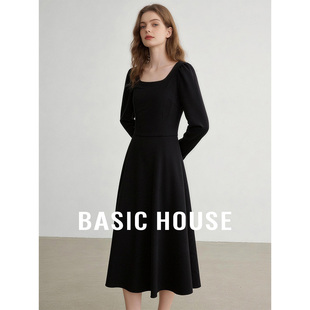 Basic House/百家好法式方领泡泡袖连衣裙女春季修身剪裁设计长裙